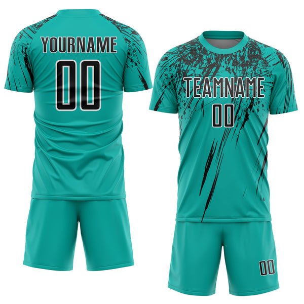Custom Aqua Black-White Splash Sports Sublimation Soccer Uniform Jersey