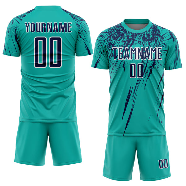 Custom Aqua Navy-White Splash Sports Sublimation Soccer Uniform Jersey