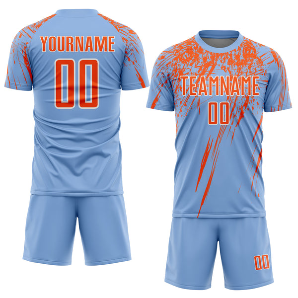 Custom Light Blue Orange-White Splash Sports Sublimation Soccer Uniform Jersey