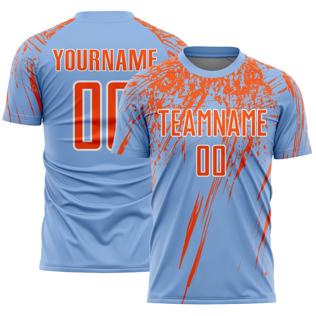 Custom Light Blue Orange-White Splash Sports Sublimation Soccer Uniform Jersey