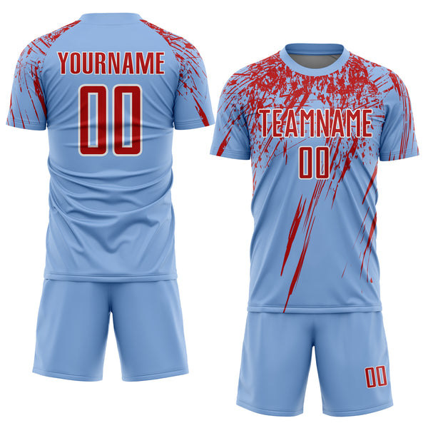 Custom Light Blue Red-White Splash Sports Sublimation Soccer Uniform Jersey