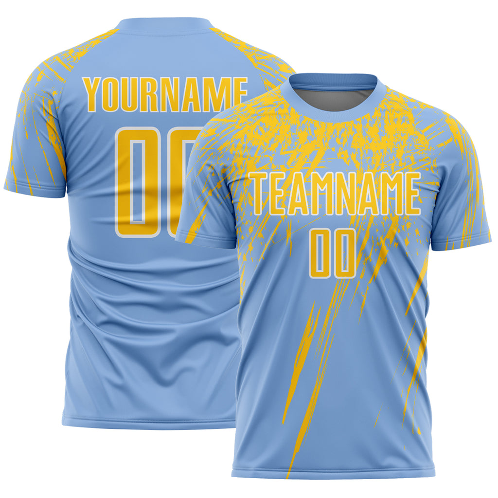 Custom Light Blue Yellow-White Splash Sports Sublimation Soccer Uniform Jersey