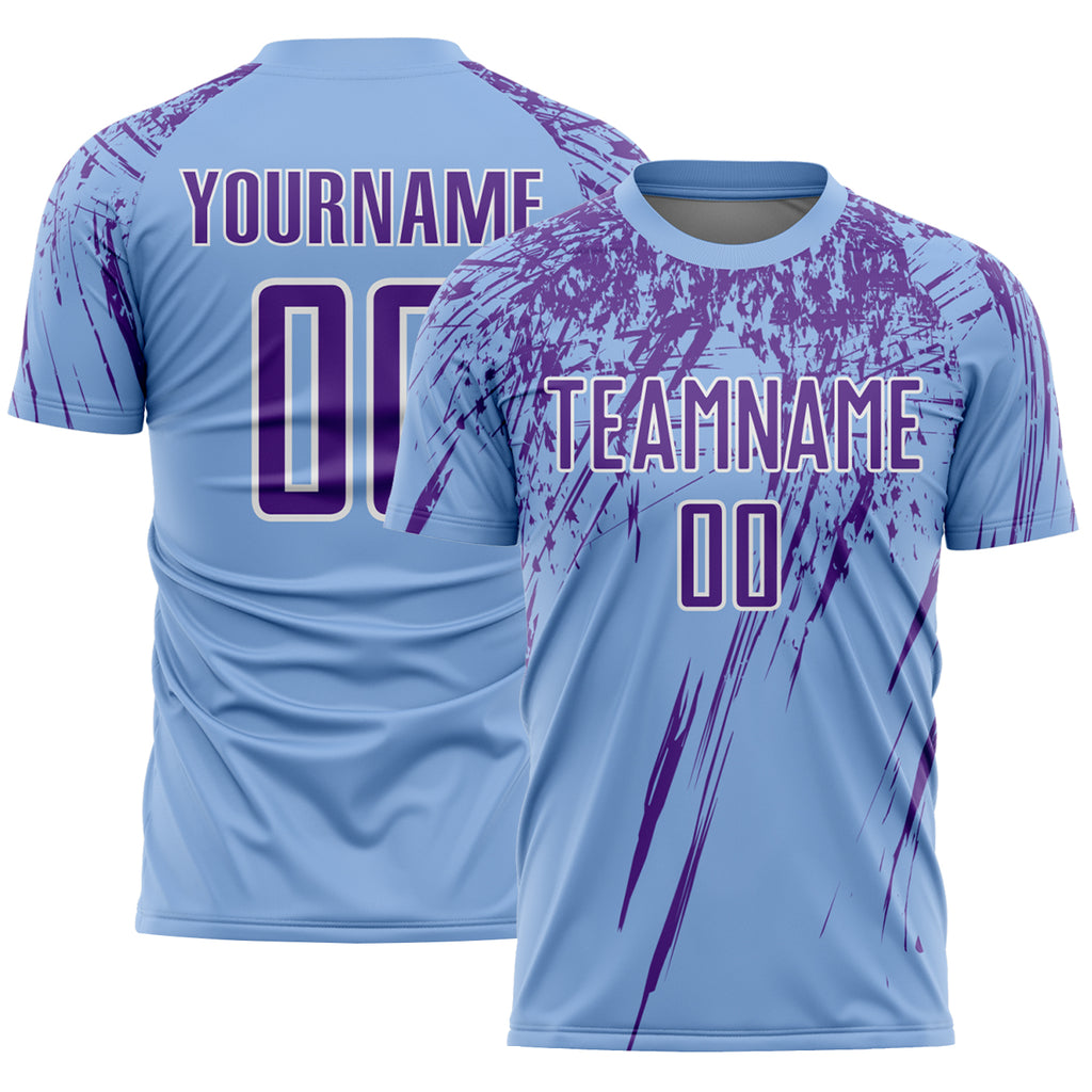 Custom Light Blue Purple-White Splash Sports Sublimation Soccer Uniform Jersey