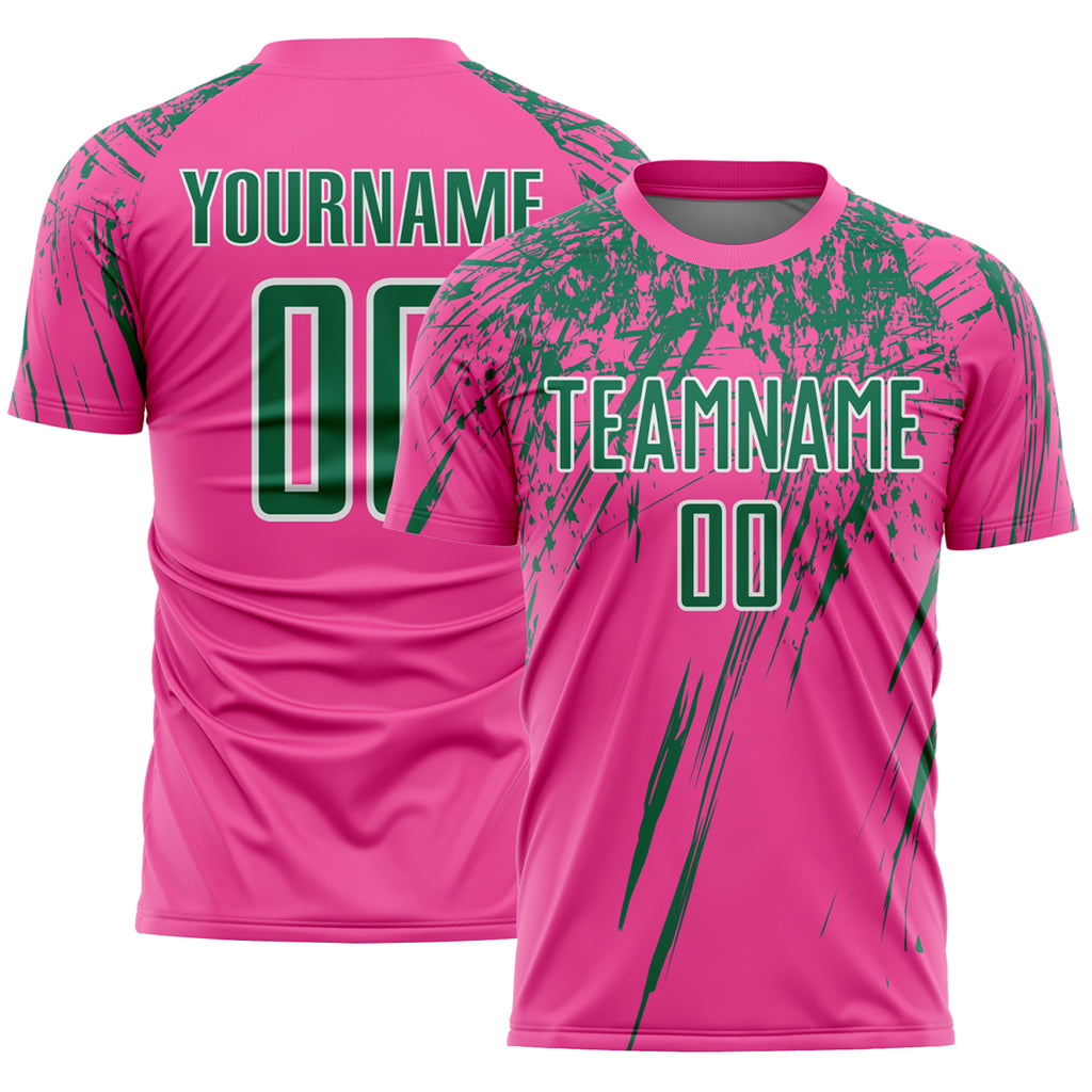 Custom Pink Kelly Green-White Splash Sports Sublimation Soccer Uniform Jersey