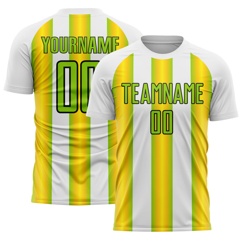 Custom White Neon Green Yellow-Black Stripes Sports Sublimation Soccer Uniform Jersey