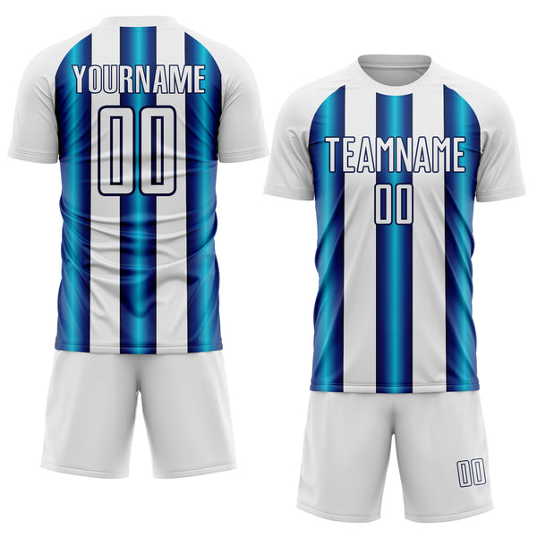 Custom White Blue-Navy Stripes Sports Sublimation Soccer Uniform Jersey