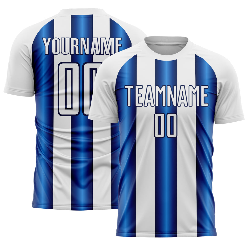 Custom White Blue-Navy Stripes Sports Sublimation Soccer Uniform Jersey