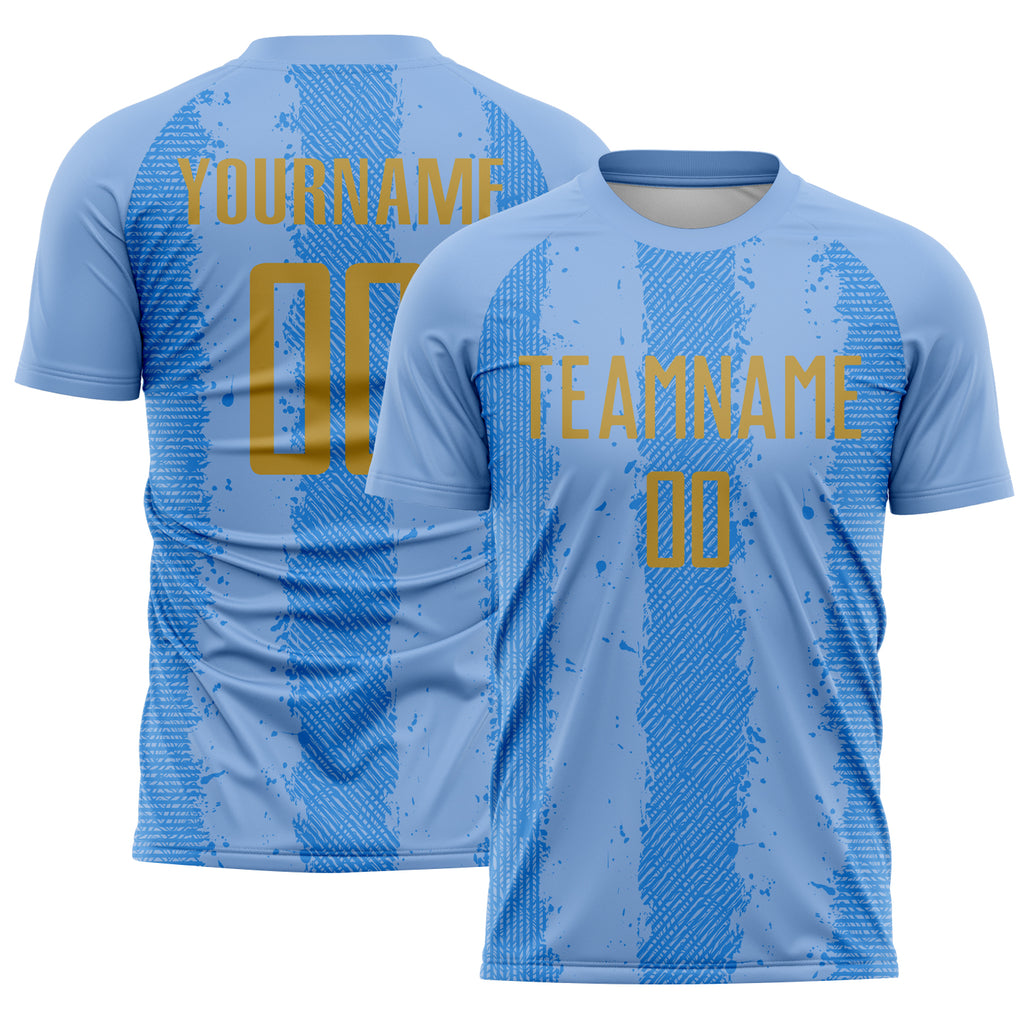 Custom Light Blue Old Gold-Powder Blue Argentina Stripes Sports Sublimation Soccer Uniform Jersey