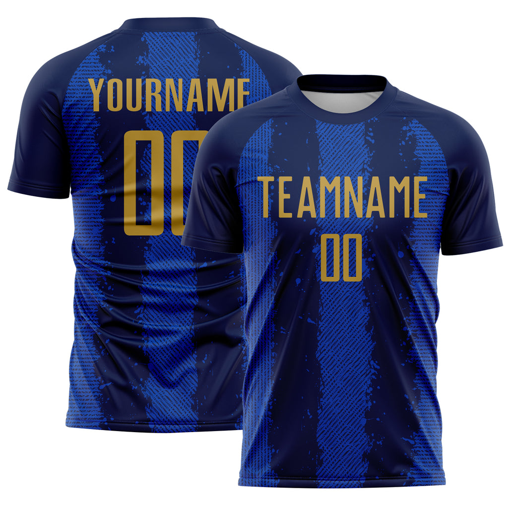 Custom Navy Old Gold-Thunder Blue Stripes Sports Sublimation Soccer Uniform Jersey