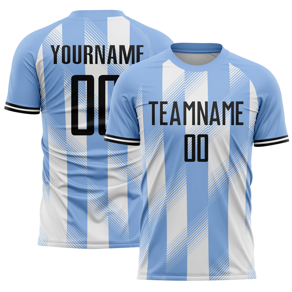 Custom Light Blue Black-White Argentina Stripes Sports Sublimation Soccer Uniform Jersey