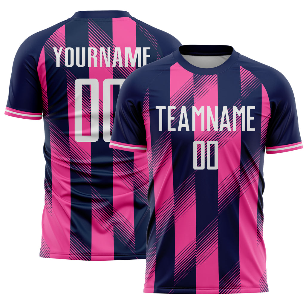 Custom Navy White-Pink Stripes Sports Sublimation Soccer Uniform Jersey