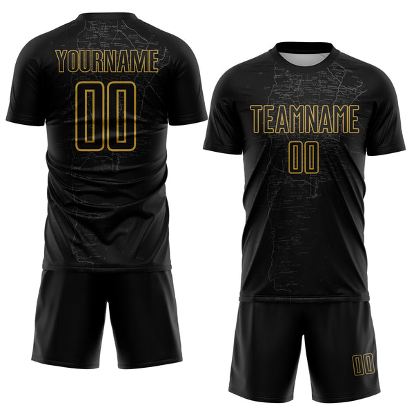 Custom Black Gray-Old Gold Map Outline Sports Sublimation Soccer Uniform Jersey
