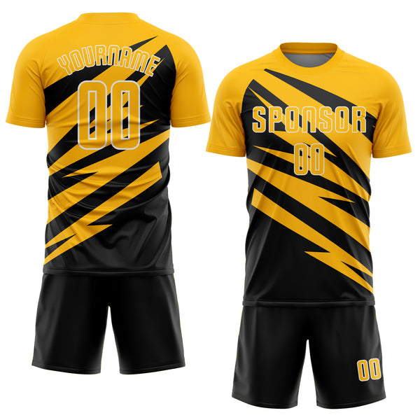 Custom Gold Black-White Abstract Line Sports Sublimation Soccer Uniform Jersey