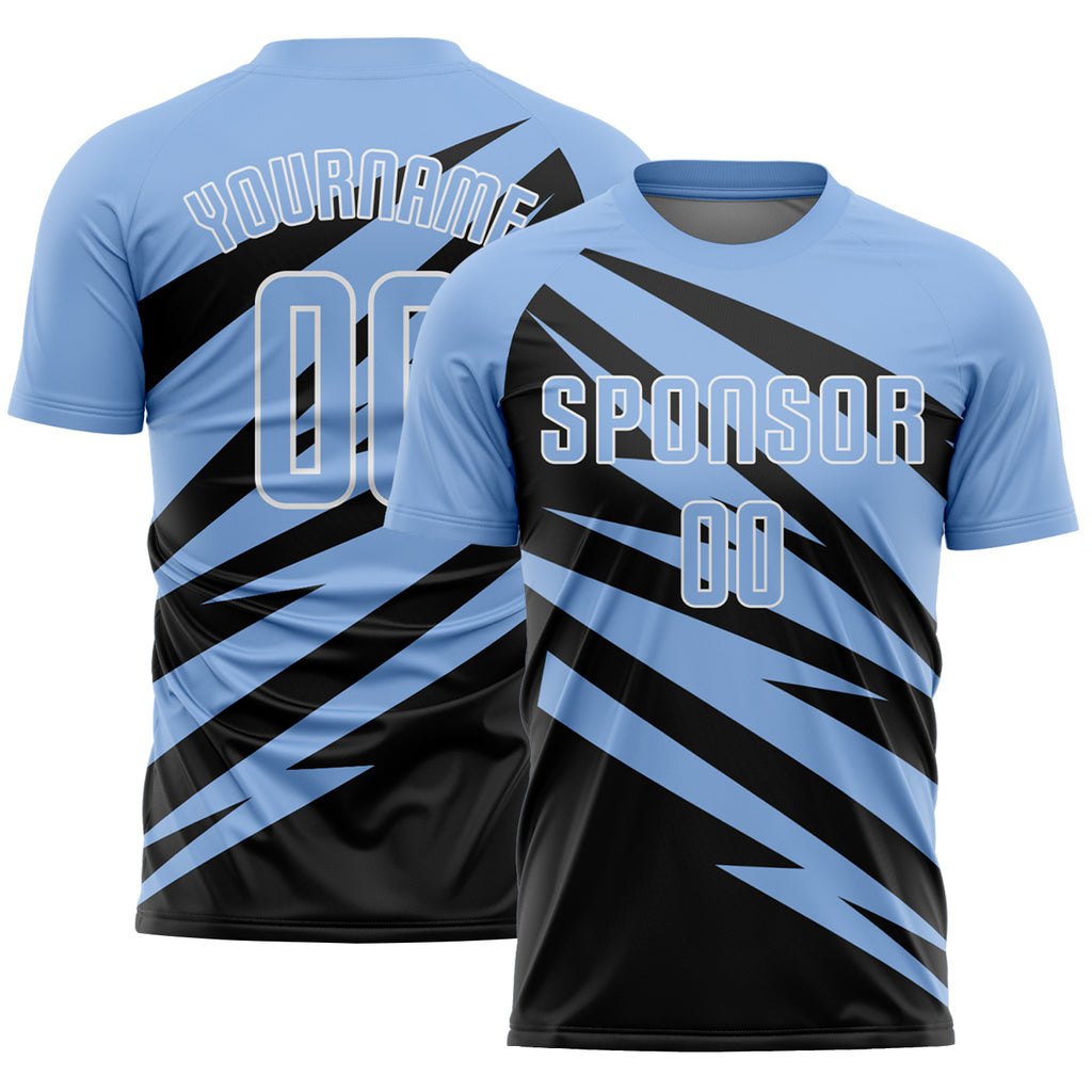 Custom Light Blue Black-White Abstract Line Sports Sublimation Soccer Uniform Jersey