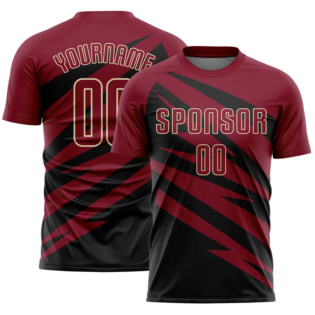 Custom Crimson Black-Cream Abstract Line Sports Sublimation Soccer Uniform Jersey