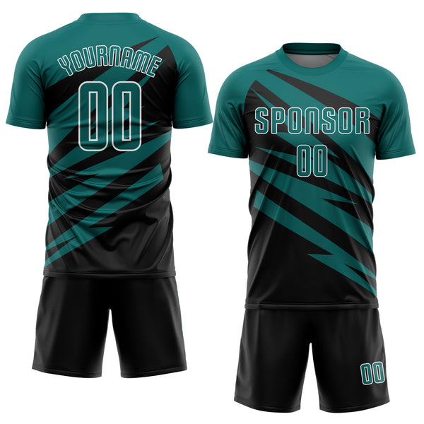 Custom Teal Black-White Abstract Line Sports Sublimation Soccer Uniform Jersey
