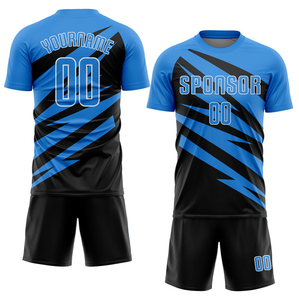 Custom Powder Blue Black-White Abstract Line Sports Sublimation Soccer Uniform Jersey