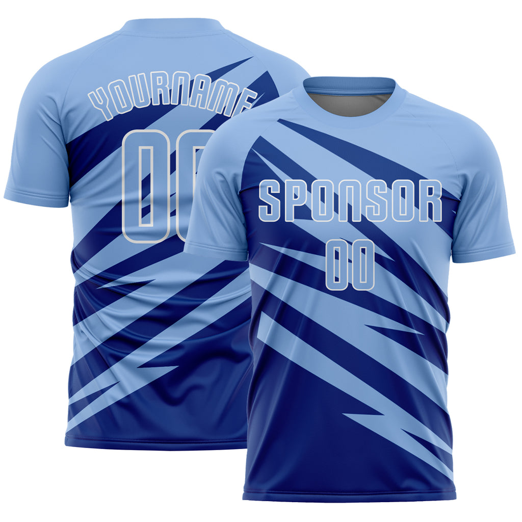 Custom Light Blue Royal-White Abstract Line Sports Sublimation Soccer Uniform Jersey