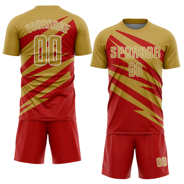 Custom Old Gold Red-White Abstract Line Sports Sublimation Soccer Uniform Jersey