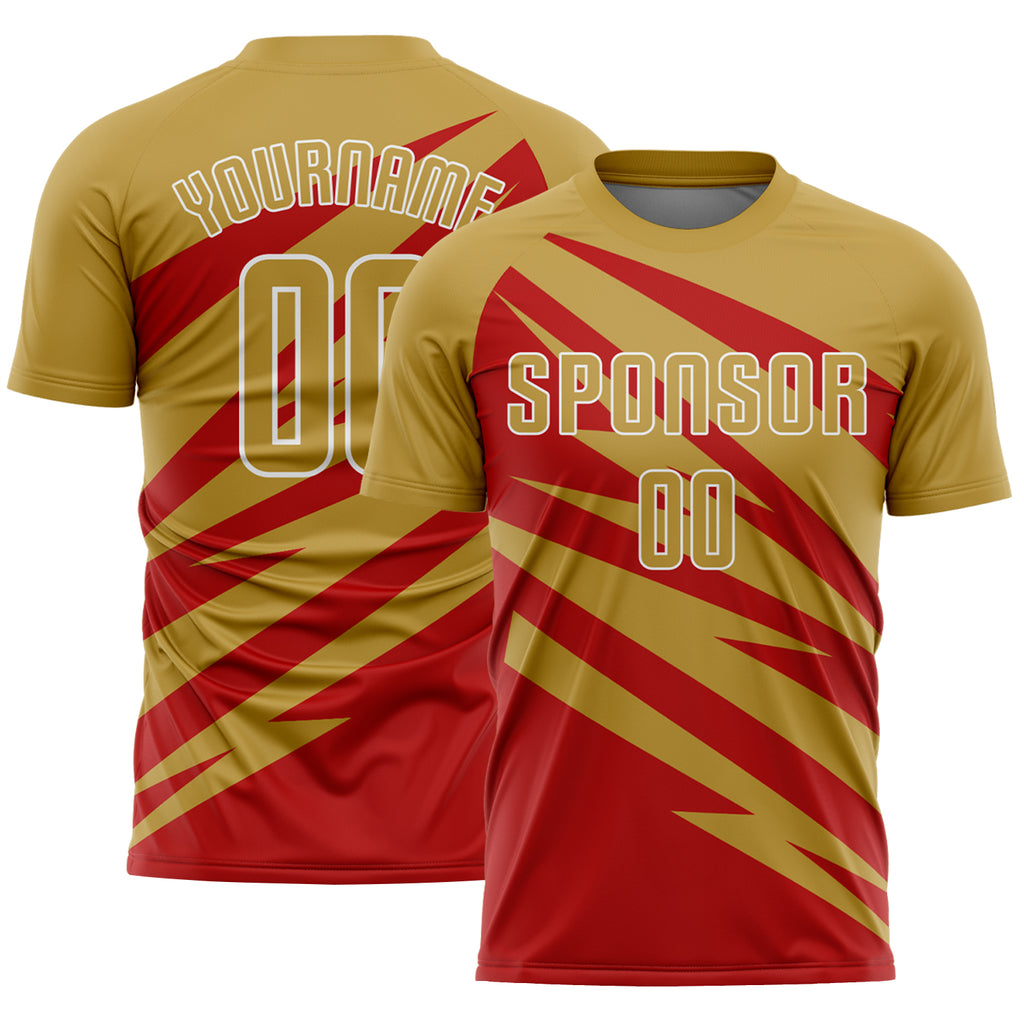 Custom Old Gold Red-White Abstract Line Sports Sublimation Soccer Uniform Jersey