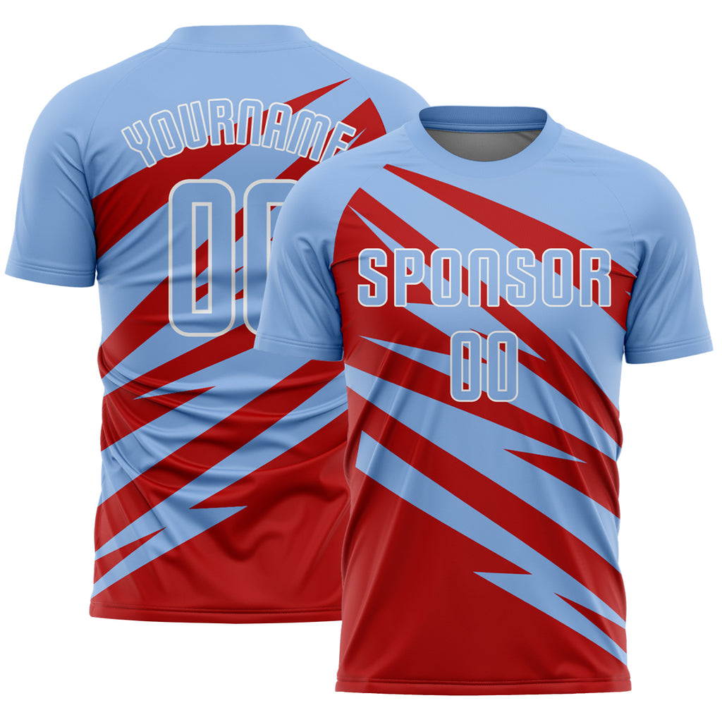 Custom Light Blue Red-White Abstract Line Sports Sublimation Soccer Uniform Jersey