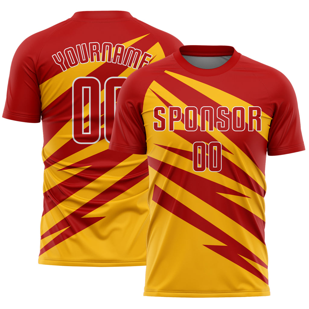 Custom Red Gold-White Abstract Line Sports Sublimation Soccer Uniform Jersey