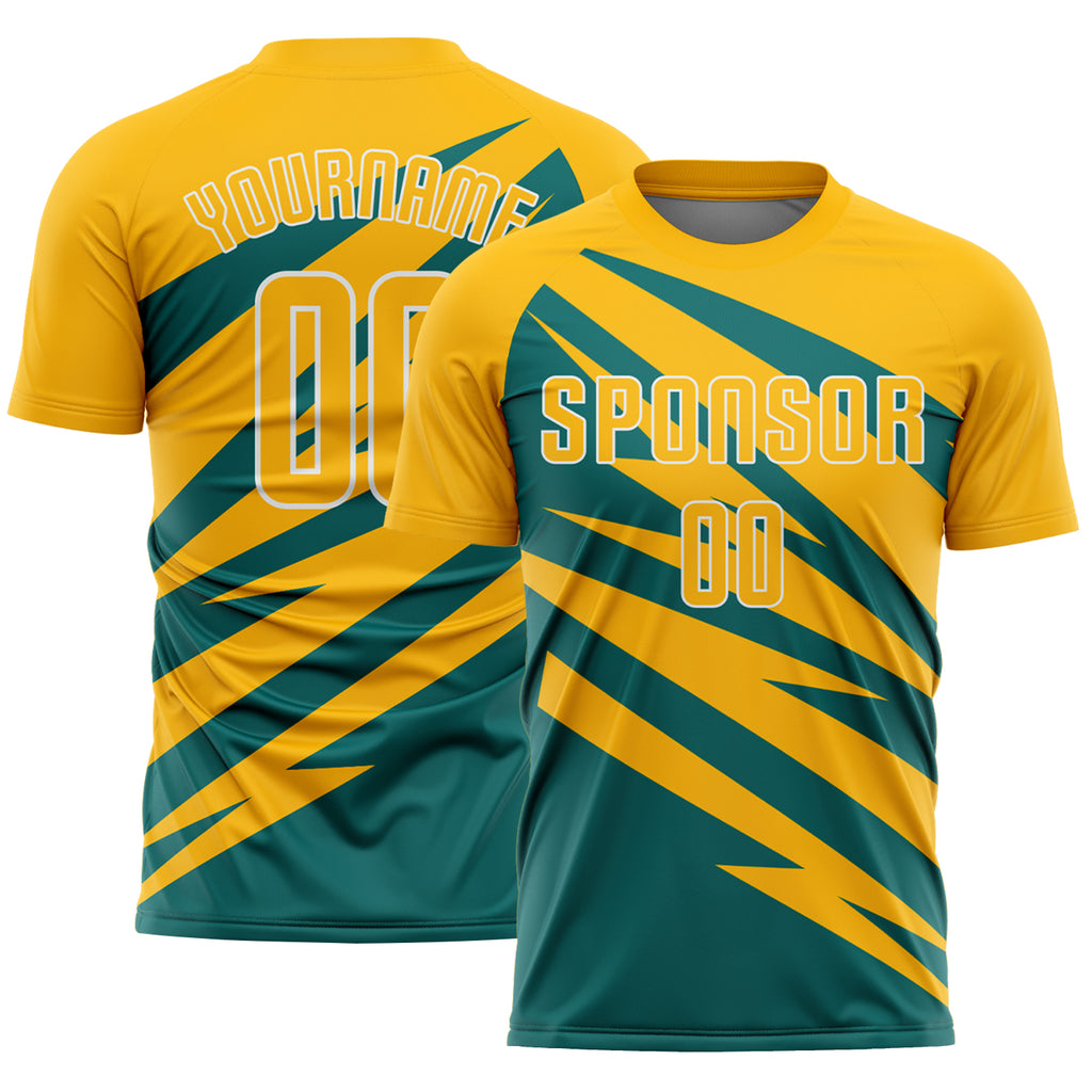 Custom Gold Teal-White Abstract Line Sports Sublimation Soccer Uniform Jersey