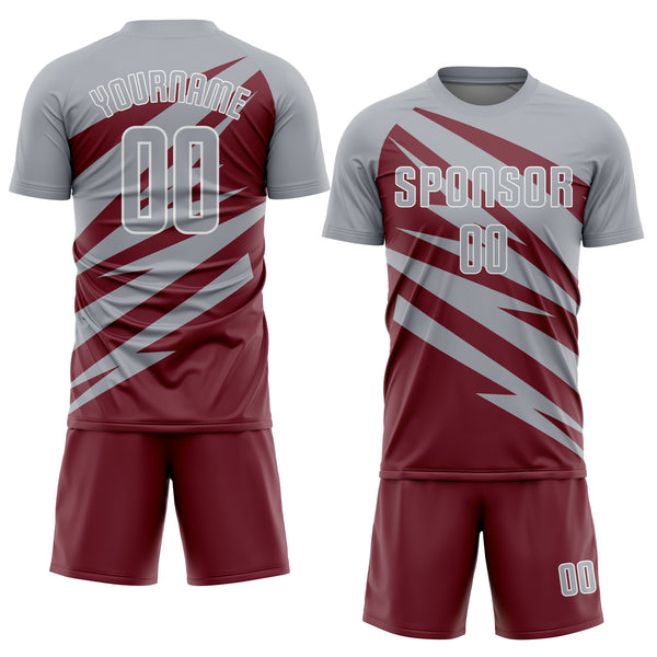 Custom Gray Burgundy-White Abstract Line Sports Sublimation Soccer Uniform Jersey