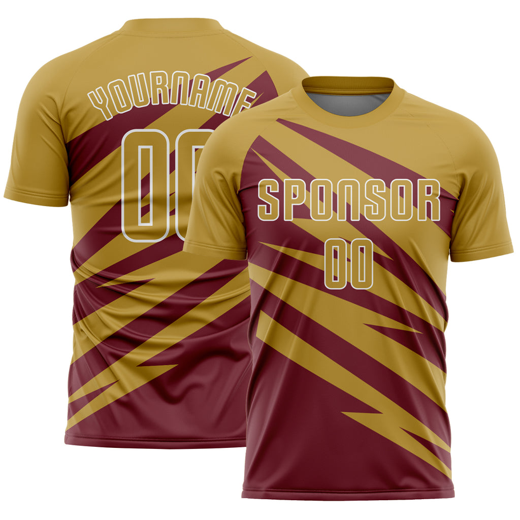 Custom Old Gold Burgundy-White Abstract Line Sports Sublimation Soccer Uniform Jersey