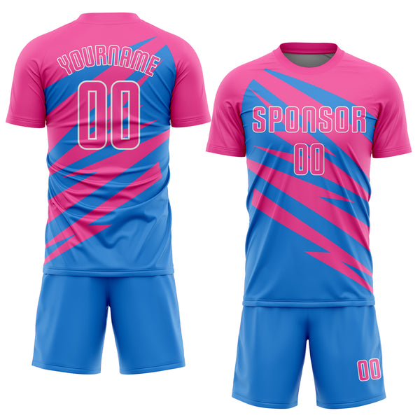 Custom Pink Powder Blue-White Abstract Line Sports Sublimation Soccer Uniform Jersey