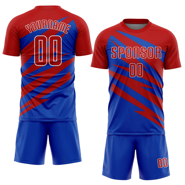 Custom Red Thunder Blue-White Abstract Line Sports Sublimation Soccer Uniform Jersey