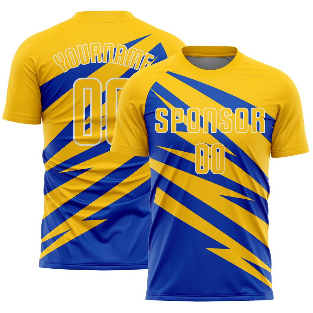 Custom Yellow Thunder Blue-White Abstract Line Sports Sublimation Soccer Uniform Jersey
