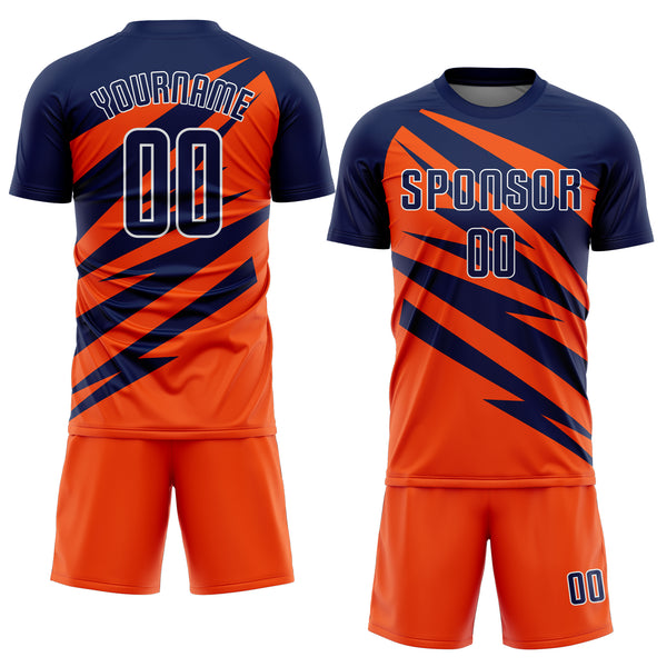 Custom Navy Orange-White Abstract Line Sports Sublimation Soccer Uniform Jersey