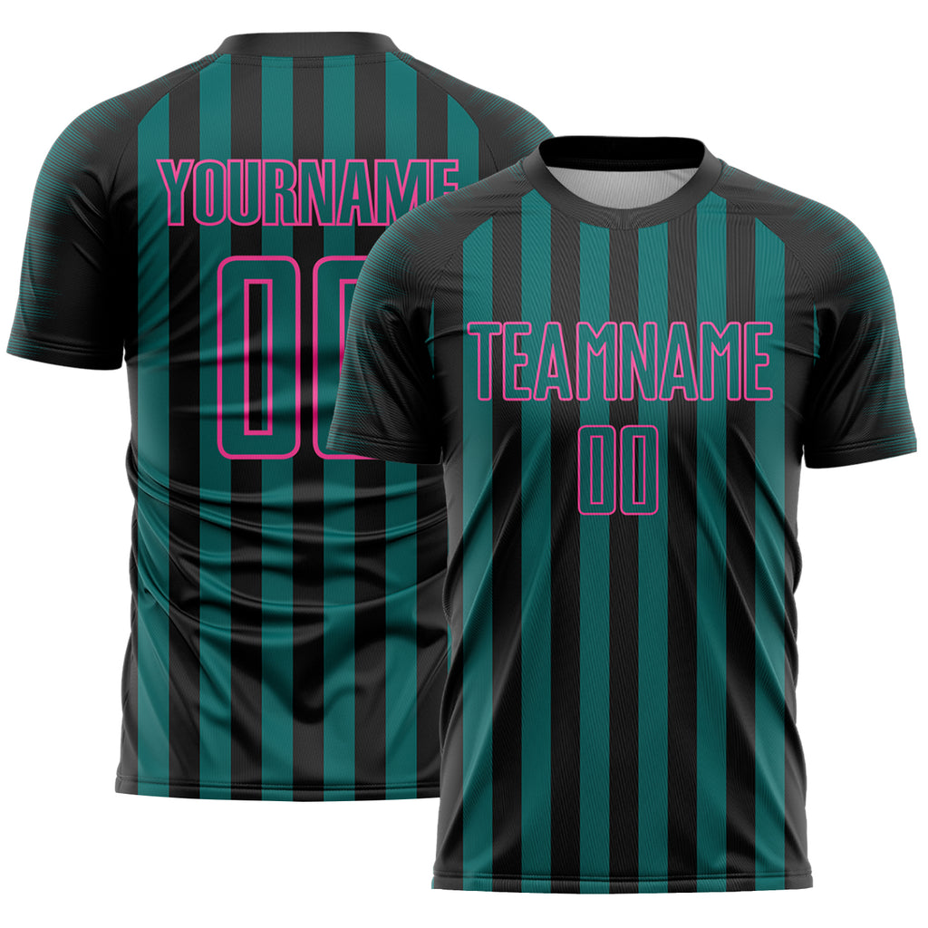 Custom Black Teal-Pink Stripe Sports Sublimation Soccer Uniform Jersey