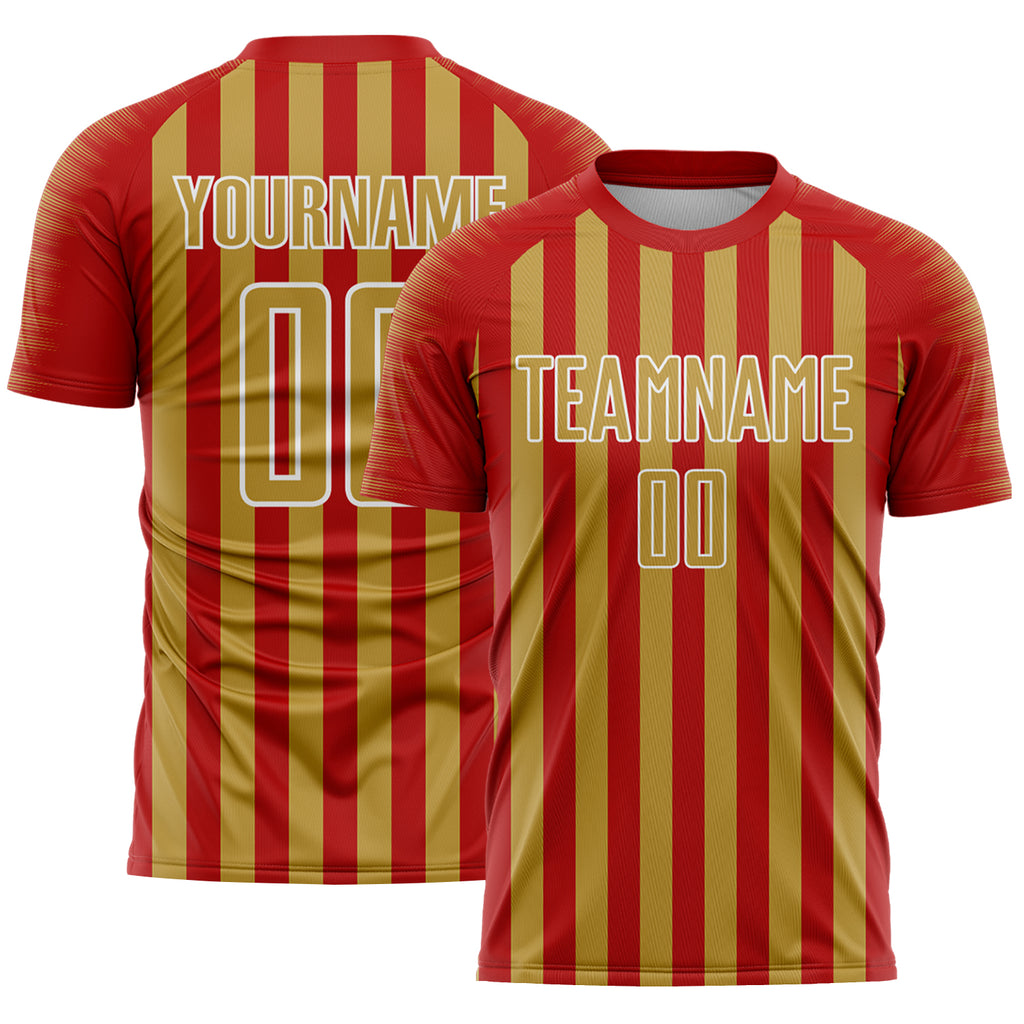 Custom Red Old Gold-White Stripe Sports Sublimation Soccer Uniform Jersey
