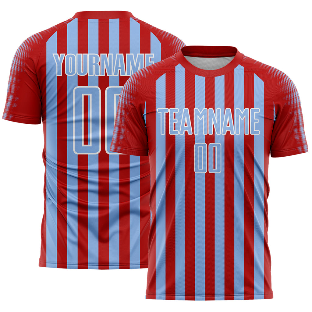Custom Red Light Blue-White Stripe Sports Sublimation Soccer Uniform Jersey