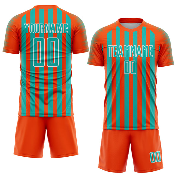 Custom Orange Aqua-White Stripe Sports Sublimation Soccer Uniform Jersey
