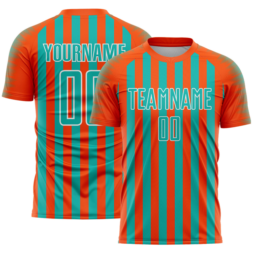 Custom Orange Aqua-White Stripe Sports Sublimation Soccer Uniform Jersey