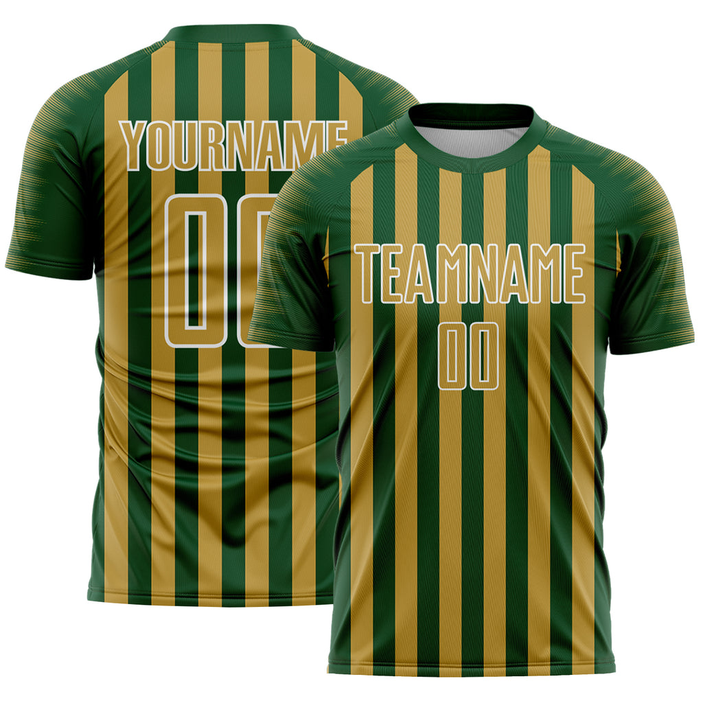 Custom Green Old Gold-White Stripe Sports Sublimation Soccer Uniform Jersey