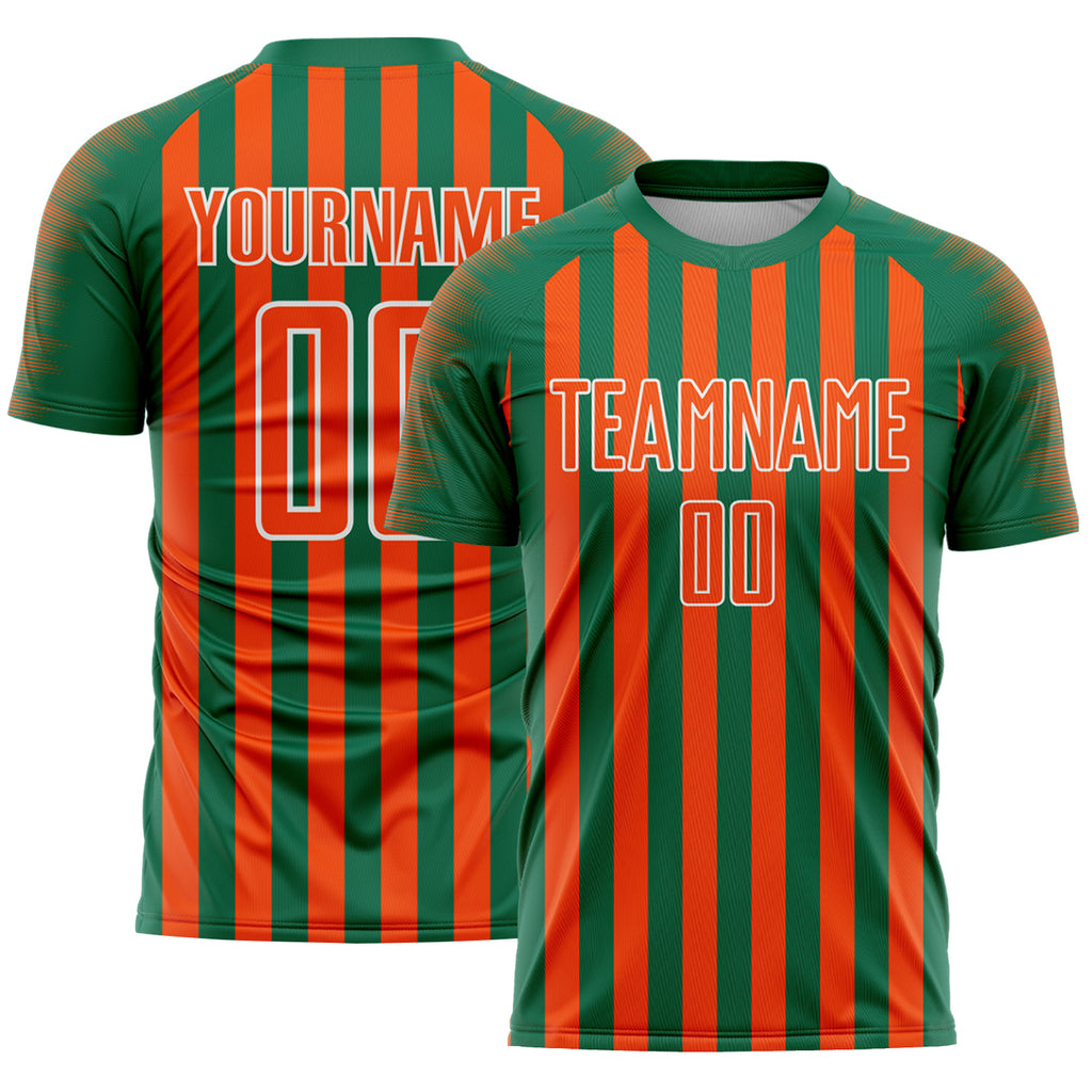 Custom Kelly Green Orange-White Stripe Sports Sublimation Soccer Uniform Jersey