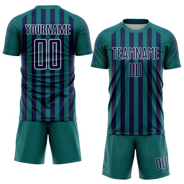 Custom Teal Navy-White Stripe Sports Sublimation Soccer Uniform Jersey