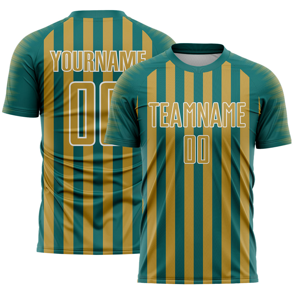 Custom Teal Old Gold-White Stripe Sports Sublimation Soccer Uniform Jersey