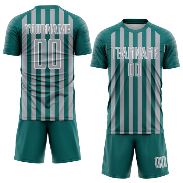 Custom Teal Gray-White Stripe Sports Sublimation Soccer Uniform Jersey