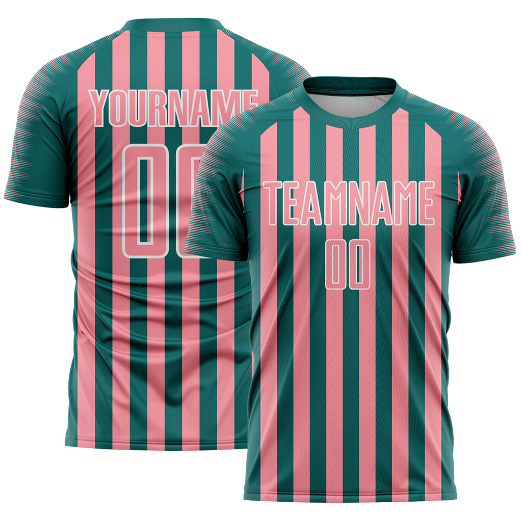 Custom Teal Medium Pink-White Stripe Sports Sublimation Soccer Uniform Jersey