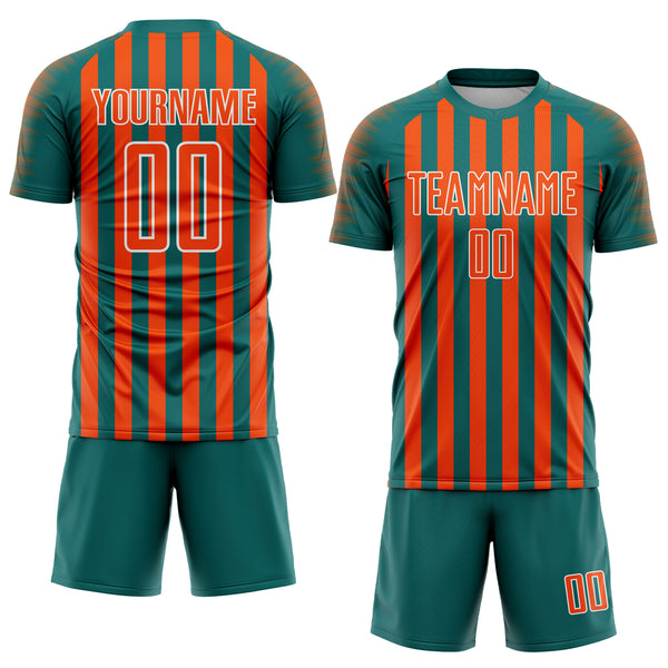 Custom Teal Orange-White Stripe Sports Sublimation Soccer Uniform Jersey