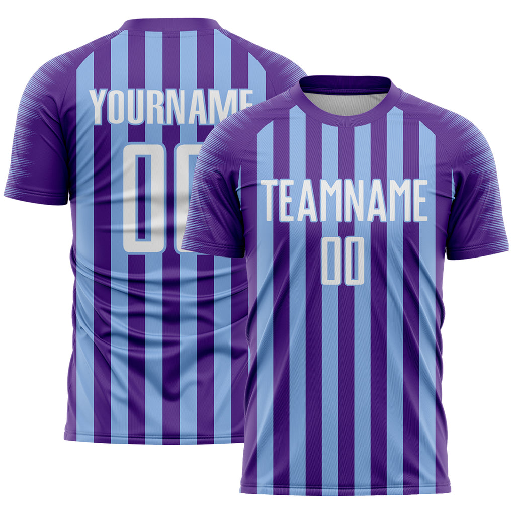 Custom Purple White-Light Blue Stripe Sports Sublimation Soccer Uniform Jersey