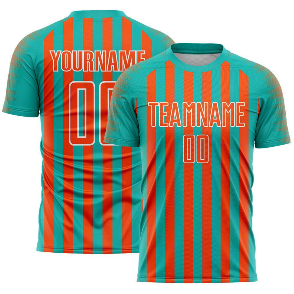 Custom Aqua Orange-White Stripe Sports Sublimation Soccer Uniform Jersey