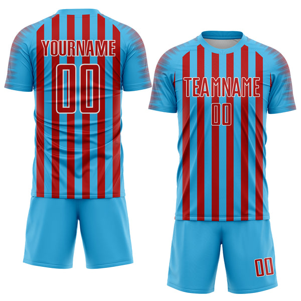 Custom Sky Blue Red-White Stripe Sports Sublimation Soccer Uniform Jersey