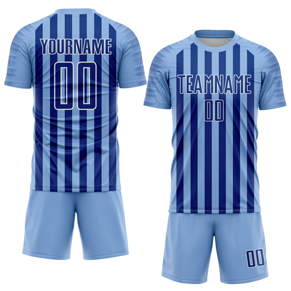Custom Light Blue Royal-White Stripe Sports Sublimation Soccer Uniform Jersey
