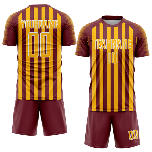 Custom Burgundy Gold-White Stripe Sports Sublimation Soccer Uniform Jersey